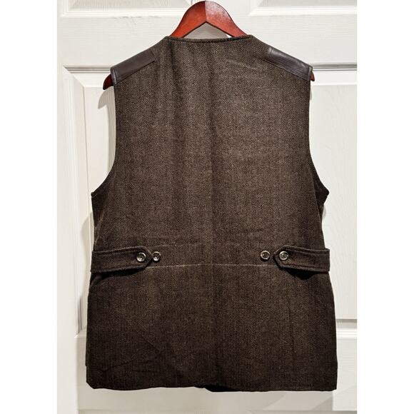 Galazan Brown Herringbone Tweed Wool Vest Leather Shoulder Patches Mens Size 54 - Picture 2 of 9